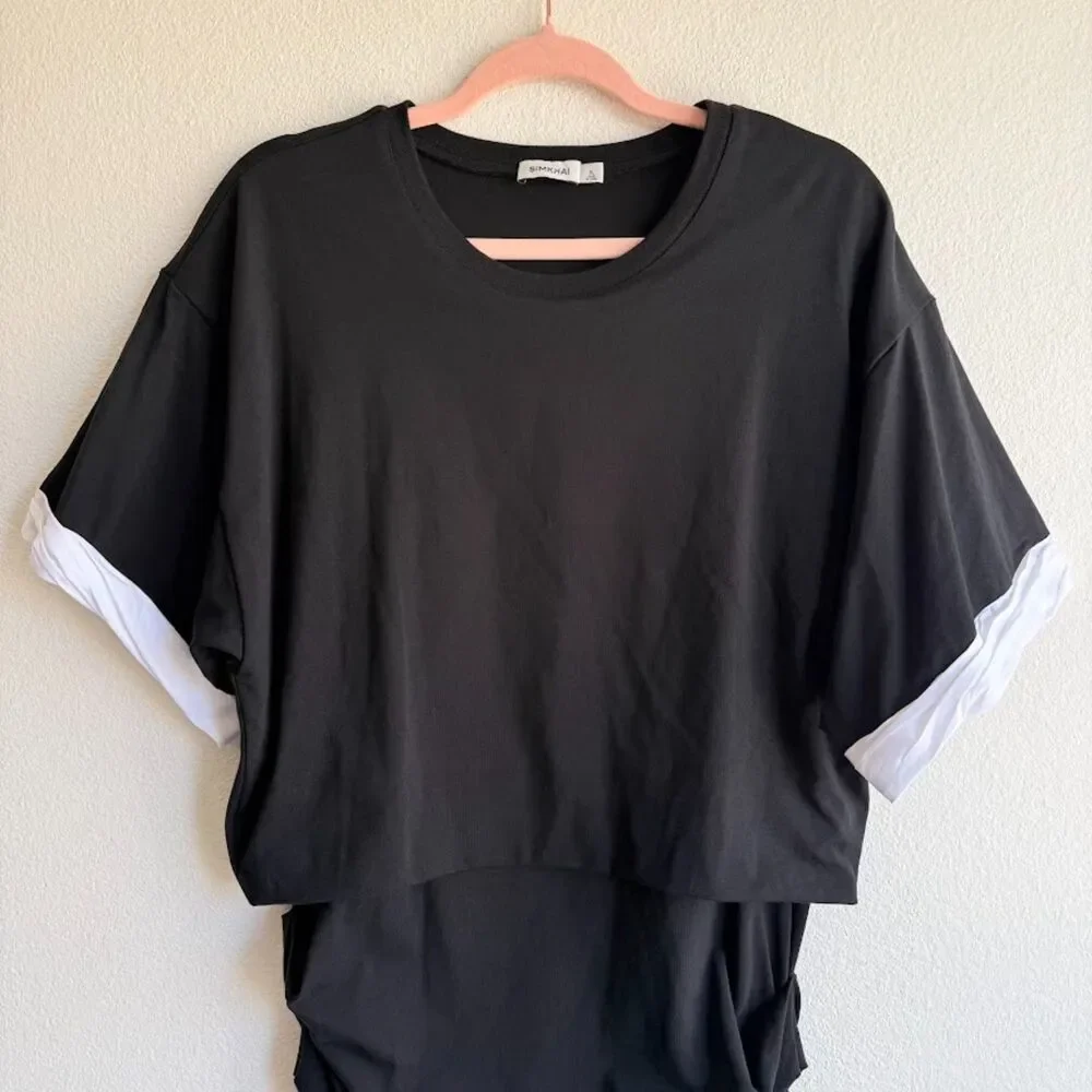 Simkhai Cody Cotton Jersey Ruched Mini Dress in Black & White size XL NWOT